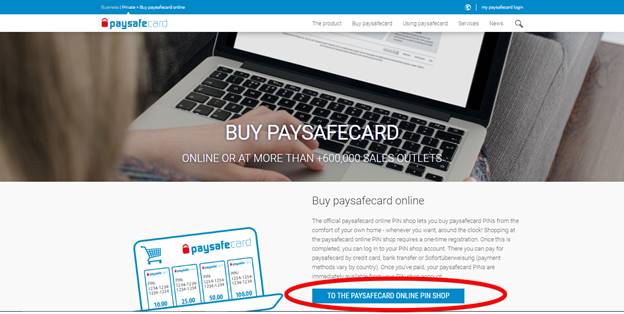 Paysafecard screenshot showing the button that takes users to the online store